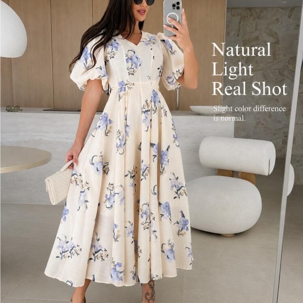 Elegant Cream Floral Midi Dress with Puff Sleeves